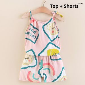 Summer New Arrival Kids Cotton Silk Two-Piece Set Thin Strap Baby Cotton Rayon Floral Print Girls Clothing Korean Style Outfit