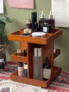 360° Rotating Cosmetic Organizer Solid Wood Makeup Storage Rack Multi-Layer Skincare Perfume Lipstick Organizer Desktop Storage Shelf