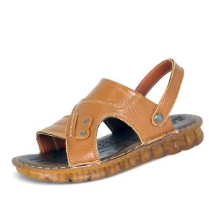 Mens Sandals Summer Breathable Leather Beach Shoes Fashionable Two-Piece Stitched Youth Casual Slip-On Plain Color Flat Heel
