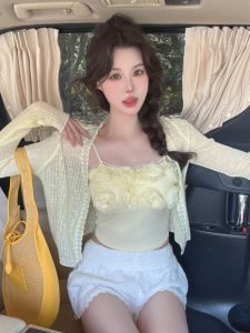 GUZILIAN | Summer New Korean Style V-neck Splice Slim Rose Flower Short Strap Two-piece Set Sequin Shawl Hot Girl Bright Sparkle Cover Up