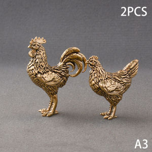 (New) 2Pcs Small Copper Animal Statue Mini Rooster & Hen Office Desktop Ornaments Miniatures Home Decoration Tea Pet Crafts