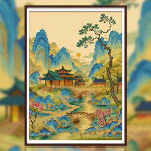 Spring Cross Stitch 2024 New Thread Embroidery Living Room Entrance Landscape Green Mountains and Rivers Thousands of Miles Chinese Style Embroidery