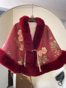 Red Cheongsam Wrap Autumn Winter Furry Vest Sleeveless Rabbit Fur Collar Outerwear Short Length V-neck Commute Style Knitted Sweater