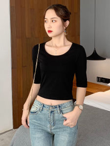 Black High-Waist Cotton Camisole Top Womens Slim Fit Short Sleeve T-Shirt Summer U-Neckline Base Layer Shirt Inner Wear