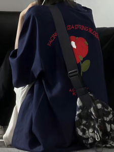 Summer Loose Fit Cotton T-Shirt Womens Short Sleeve Print Design Korean Style Slimming Top Trendy Casual Wear Pure Blue