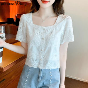 WANGGONGZHU | Princess Style Short Sleeve Hollow Out Square Collar Womens Shirt Summer Fashionable Versatile Top Design Sensation Short Shirt