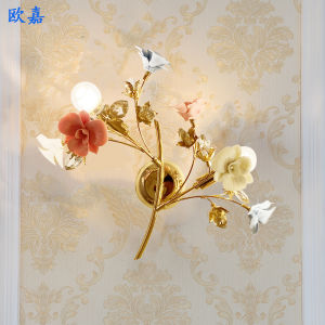 European Style Ceramic Flower Crystal Wall Lamp Background Wall Living Room Study Bedroom Hallway Mirror Front Light Iron Body LED Source