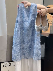 YUFUQING | French Blue Floral Print Sleeveless High Waist A-Line Dress Womens Summer New Style Elegant Connection Design Casual Wear