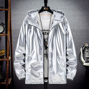 Shiny Silver Outerwear Jacket Womens Commuter Style Casual Waterproof Autumn Fashionable Windproof Coat Zipper Closure Long Sleeve