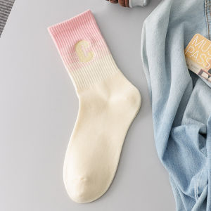 Womens Mid-Calf Cotton Socks Letter Gradient Color Sport Style Pure Cotton Spring Autumn Seasonal Socks Reduction 20