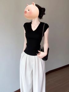 Black V-Neck Short-Sleeved T-Shirt Womens Summer Slim-Fit Waist-Cut Cool Feeling Unique Design Korean Style Fashion Top