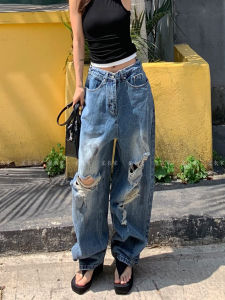 New 2025 Womens Wide Leg Jeans Loose Fit Floor Length Torn American Style Summer Dirty Denim Pants Casual High Waist Long Trousers