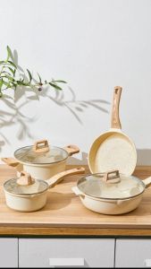 Ecowin Cookware Ceramics Nonstick Coating Set 4 Pieces 30 Wok with Lid + 24 CM Frying Pan without Lid + 24cm soup pot 16CM Milk Pan with Lid Suitable for All Stoves