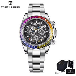 Pagani Design | PAGANI DESIGN Mens Automatic Mechanical Watch with Colorful Gemstone Bezel Small Three-Hand Tachymeter Skeleton Chronograph