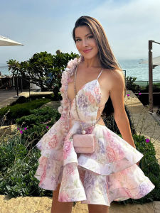 Backless Party Dress Women Elegant 3D Flower Print Sling Lace Up Ruffle A-line Mini Evening Dresses Female 2025 Summer Swimwears