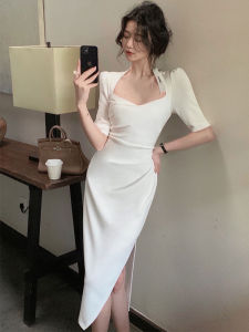 White Short Sleeve Dress 2025 New Womens Summer High Waist A-Line Skirt Korean Style Wedding Dress Formal Occasion Dress