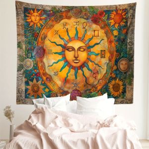 VIKAMA Astrological Sun Constellation Tapestry Retro Mystical Tarot-style Sun Wall Hanging Bedroom Home Decor Background