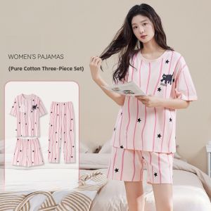 MiiOW | Pure Cotton Sleepwear Womens Short Sleeve Loose Casual Home Clothes Three-piece Set Summer Anti-vacuum Design Thin Fabric