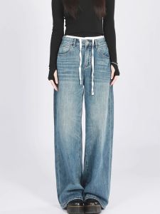 High Waist Wide Leg Floor-Length Color Block Drawstring Casual Jeans Loose Fit Autumn Season Womens Premium Denim Trousers