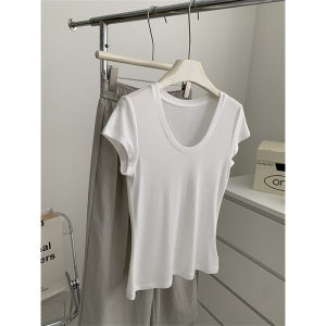 Temperament Wild Slim Looking Goose Egg Collar Collarbone Tee Womens Summer Thin Tencel Flying Sleeve Tops Pure Color Shoulder T-shirt