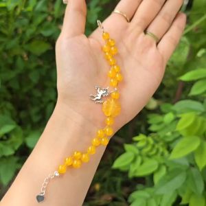 Q208 Lắc tay thiết kế hạt Ngọc Agate Vàng mix cỏ 4 lá Cẩm Thạch Vàng charm Bạc ngựa móc bạc cho Thổ và Kim - Phong Thủy TUDO