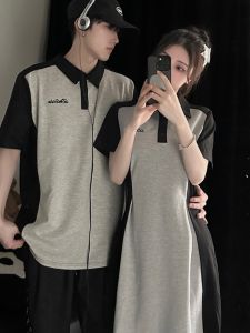 Couples Summer Short Sleeve Polo Neck T-Shirt Waist Cinched Dress School Style One Skirt One Dress Cotton Polyester Blend
