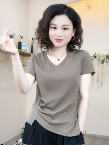 Slim Fit V-Neck Short Sleeve T-Shirt Womens Summer Fashion Black White Asymmetrical Slit Top Korean Style Regular Length