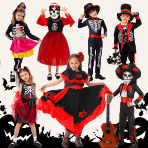 Boy/Girl Halloween Outfit for United Nations Day and Mexican Day of the Dead Gothic Lace Dress and Skeleton Costume