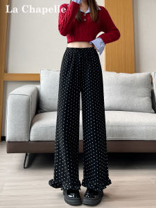 La Chapelle Black Polka Dot Wide Leg Pants Womens Casual Drapey Slimming Straight Long Trousers Autumn Season High Waist Elastic Waistband
