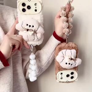 Ốp Điện Thoại iPhone 17/16/15/14/13/12/11 Pro Max Hình Chú Chó Hoạt Hình 3D Nơ Dễ Thương Lông Mềm Mại Chống Sốc Kèm Dây Đeo
