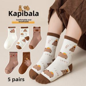 Childrens Mid-calf Socks Thin Mesh Cotton Socks for Boys And Girls Summer White Cartoon Capybara Breathable Socks Kids