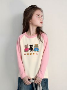 Childrens Long Sleeve T-Shirt Pure Cotton Print Bear Design Base Layer Shirt for Girls Trendy Casual Wear Suitable for Ages 2-12