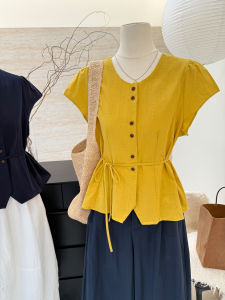 Yellow Korean Style Pure Color Shirt Womens Summer New Belted Waist in Thin Commute round Neck Top Sleeveless Single Button