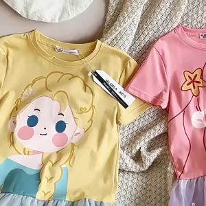 ชุดเด็กผู้หญิง ฤดูร้อนเด็กกลางและเด็กเจ้าหญิงพิมพ์ตาข่ายชายเสื้อแขนสั้นหลวมกระโปรงเสื้อยืด