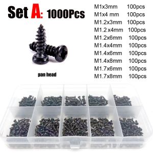 700/2010pcs M1 M1.2 M1.4 M1.7 M2 M3 M4 Black Steel Small Micro Cross Phillips Round Pan Head Self Tapping Wood Screw Set Kit Box