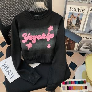 Korean Style Short Knitted Sweater Black Patch Letter Star Long Sleeve Sweet And Spicy Autumn Winter New Arrival Versatile Womens Top