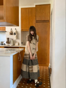 NIHAOKANONG | Chân Váy Maxi A-Line Cao Waist Vintage Plaid Floral Knitted Patchwork Pháp Elegance