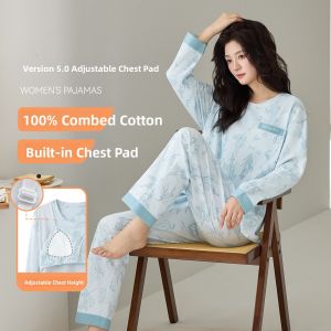 MiiOW | Pure Cotton Cat Person Sleepwear Long Sleeve Home Clothes Set For Women Spring Autumn New Style With Chest Pad Long Pants