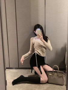 Elegant Long Sleeve Knitted Sweater Womens Base Layer Drawstring Slim Fit Trendy Design Early Autumn New Style Korean Version