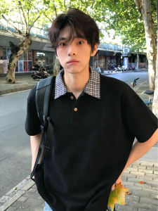 ZHUOCAN | Youthful Double-Layer Checkered Polo Shirt Five-Half Sleeves