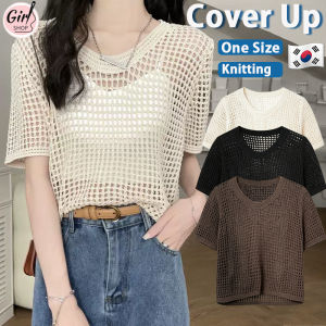Summer Hollow Top For Women Beach Wear Outfit For Women Thined Knitted Blouse Swimsuit Coverup Women Short Sleeve Hollow Top T-shirt Women Summer Bikini Cover Up Knitted Crochet Top Cover Up For Swimsuit Summer Outfit For Women Over Size Beach Wear