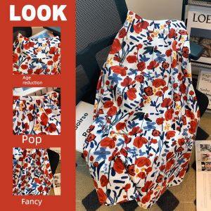 กระโปรงยาวปานกลางผ้าไหมลายดอกไม้สไตล์เกาหลี ทรงตรง กระโปรงทรงเอเข้ารูป ฤดูใบไม้ผลิ 2024 กระโปรงสั้นแฟชั่นสำหรับผู้หญิง