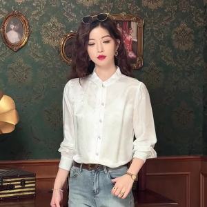 AMMIN 2024 Autumn new fashion vintage dark bamboo leaf print long sleeve satin shirt Womens new Chinese simple stand collar fashion pearl single breasted commuter elegant blouse