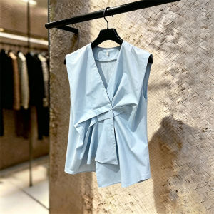 SHUAIYUE | Áo Thun Thời Trang Màu Xanh Asymmetrical Vòng Cổ V Không Tay