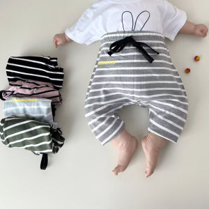Babys Summer Thin Big Bottom Striped over the Knee Middle Pants Infant Cotton Cropped Pants Childrens Big Cover Harem Pants