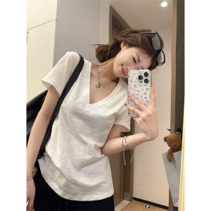 Áo Thun Cotton Mùa Hè Cổ Chữ V Tay Ngắn Màu Trắng Phong Cách Hàn Quốc Thường Ngày Thoáng Khí Thoải Mái Cho Nữ