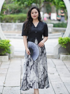 Daves plus Size Womens Summer Dress New Chinese Style High Waist A-Line Skirt Zipper Closure Short Sleeve V-Neck Dress