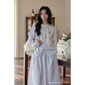 seemon | Bộ Đầm Xanh Kẻ Sọc Phong Cách Hàn Quốc Giảm Tuổi