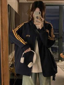 Retro American Style Zipper Stand Collar Sweatshirt Jacket Womens Spring Autumn New Open Cardigan Three Bars High-End Feeling