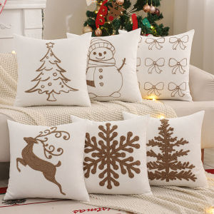 Embroidery Throw Pillow Cover Christmas Decoration Canvas Christmas Tree Reindeer Snowflake Winter Farmhouse Home Sofa